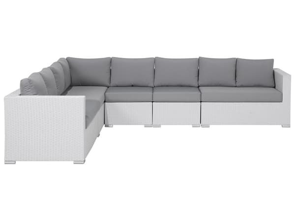 Trädgård Loungegrupp Vit Konstrotting Vit Dynor 8-sits med Fåtölj Bord och Ottoman