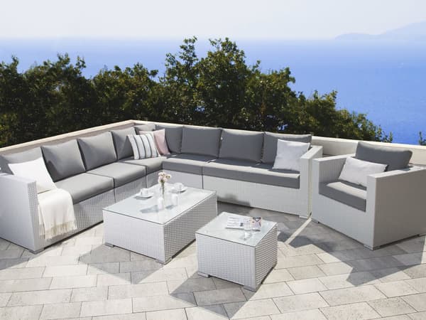 Trädgård Loungegrupp Vit Konstrotting Vit Dynor 8-sits med Fåtölj Bord och Ottoman