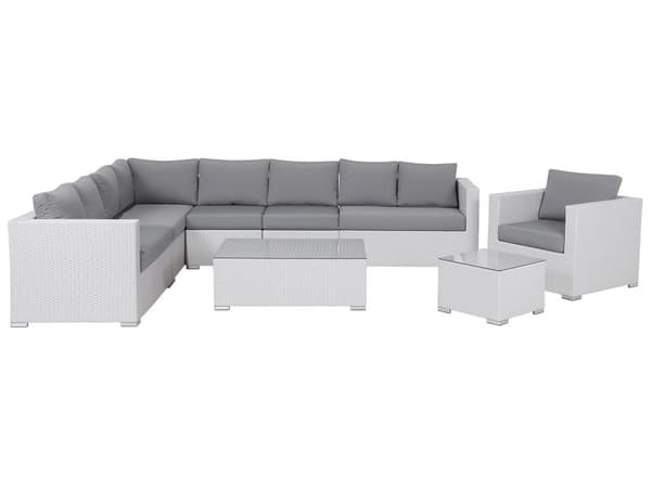 Trädgård Loungegrupp Vit Konstrotting Vit Dynor 8-sits med Fåtölj Bord och Ottoman
