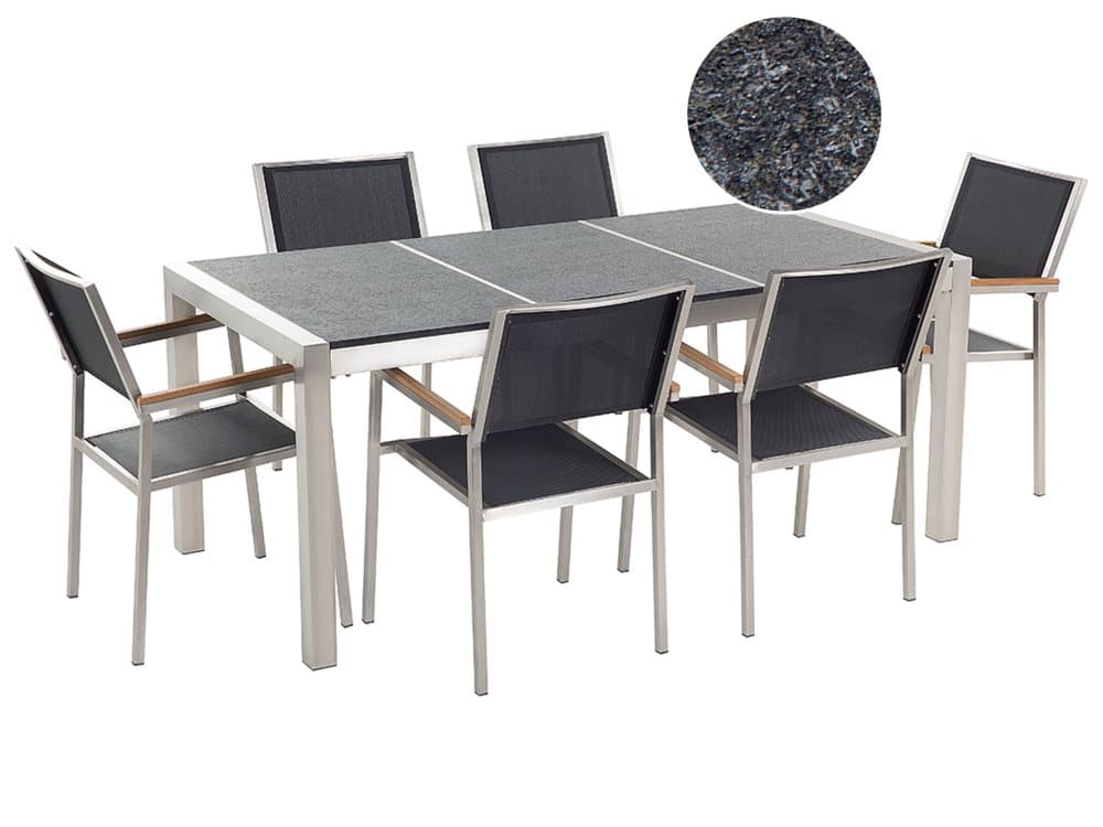 Trädgårdsmöbelset av bord med svart granitskiva och 6 stolar svart GROSSETO