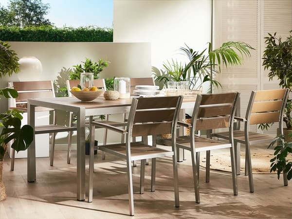 Trädgårdsmöbelset Brun Rektangulärt Bord Stolar Utomhus 6-sits Plast Trä Bordsskiva Aluminium Ram