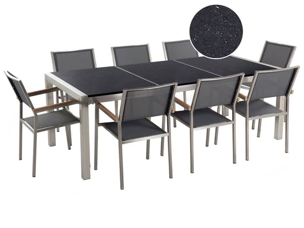 Trädgårdsmöbelset Grå med Bordsskiva i Svart Granit 8 Platser 220 x 100 cm Trippel Bordsskiva