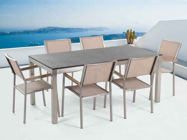 Trädgårdsmöbelset Beige med Flammad Granit Bordsskiva 6 Platser 180 x 90 cm