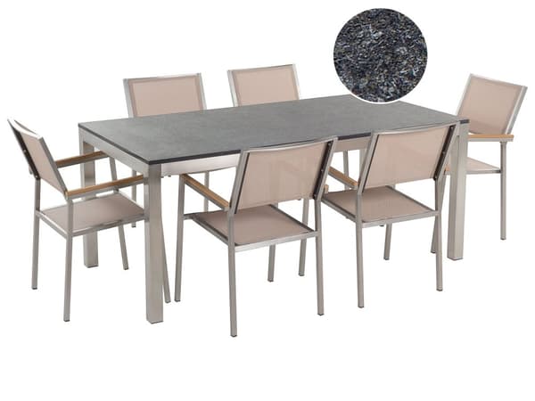 Trädgårdsmöbelset Beige med Flammad Granit Bordsskiva 6 Platser 180 x 90 cm