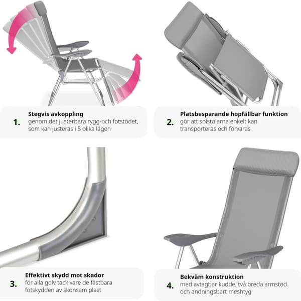 Set med 2 trädgårdsstol Jana i aluminium med nackkudde och fotstöd - grå