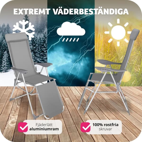 Set med 2 trädgårdsstol Jana i aluminium med nackkudde och fotstöd - grå