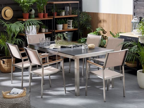 Ulkoruokailuryhmä musta/beige kuudelle 3-osainen poltettu graniittitaso rosteri polyesteri