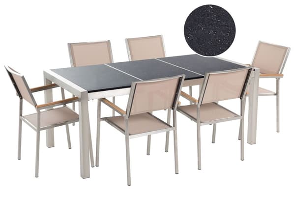 Ulkoruokailuryhmä musta/beige kuudelle 3-osainen graniittitaso rosteri polyesteri