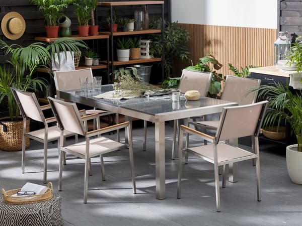 Ulkoruokailuryhmä harmaa/beige kuudelle 3-osainen graniittitaso rosteri polyesteri