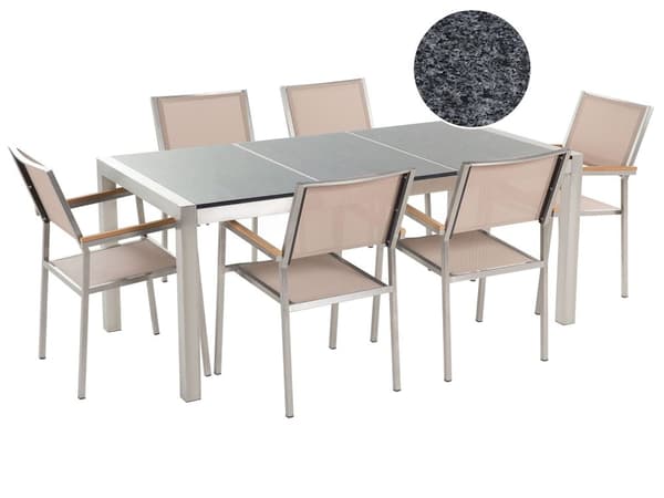 Ulkoruokailuryhmä harmaa/beige kuudelle 3-osainen graniittitaso rosteri polyesteri