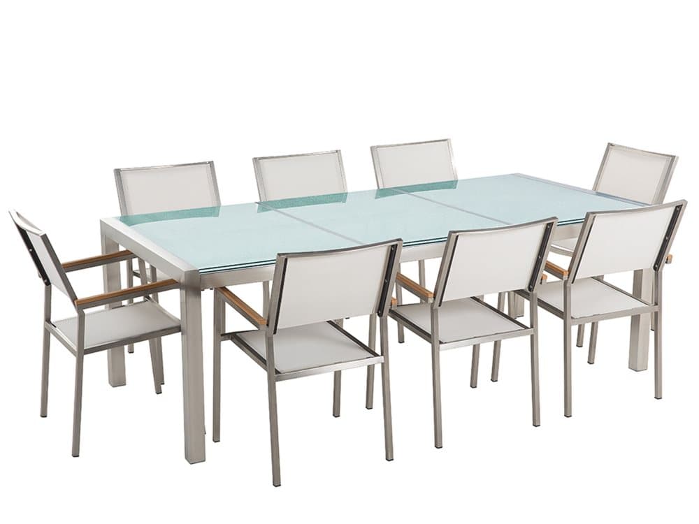 Trädgårdsmöbelset av bord knäckt glas och 8 stolar vit GROSSETO