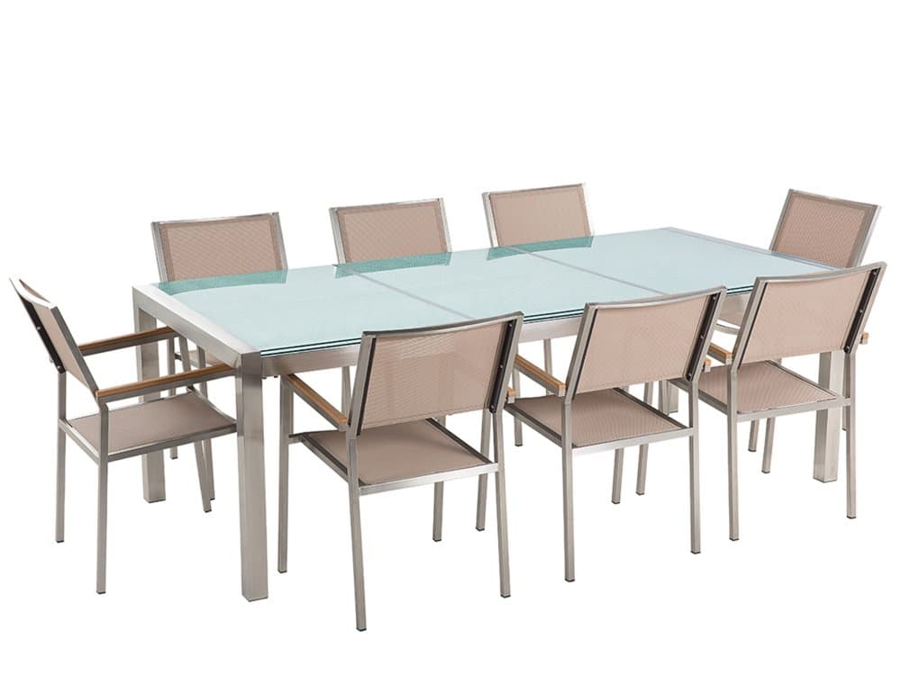 Trädgårdsmöbelset av bord knäckt glas och 8 stolar beige GROSSETO
