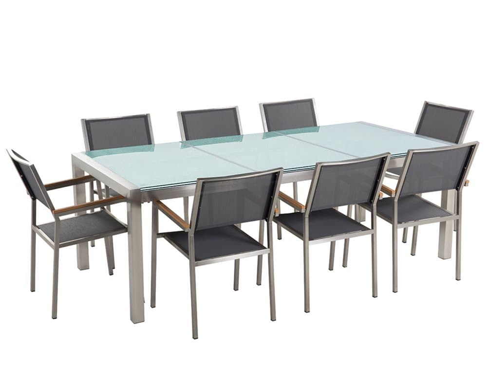 Trädgårdsmöbelset av bord knäckt glas och 8 stolar grå GROSSETO