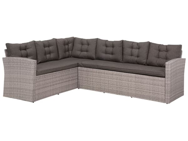 Loungegrupp Grå Konstrotting med Dynor Soffa Bänk Rektangulärt Bord Glas 80 x 145 cm