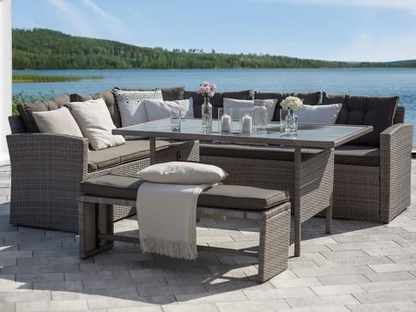 Loungegrupp Grå Konstrotting med Dynor Soffa Bänk Rektangulärt Bord Glas 80 x 145 cm