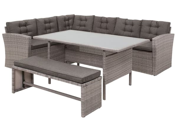 Loungegrupp Grå Konstrotting med Dynor Soffa Bänk Rektangulärt Bord Glas 80 x 145 cm