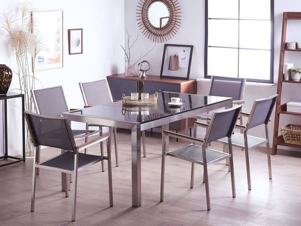 Trädgårdsmöbelset Grå med Svart Bordsskiva Granit 6 Platser 180 x 90 cm Trippel Bordsskiva