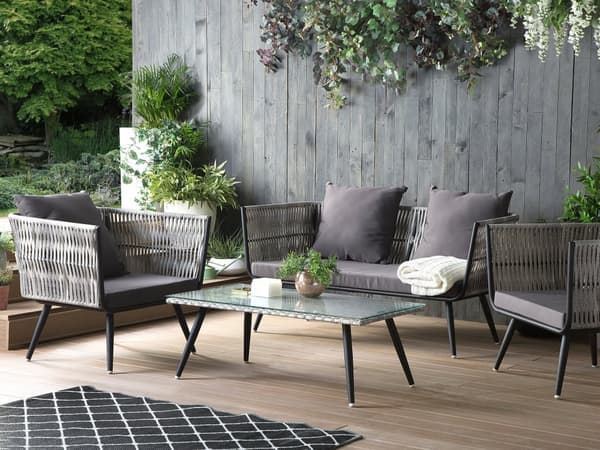 Havemøbelsæt Grå Sort Rattan Stål 4 Personers Moderne Vedligeholdelsesfri Havemøbler Nonwood med Hynder Vandtæt Design Terrasse Have Tilbehør