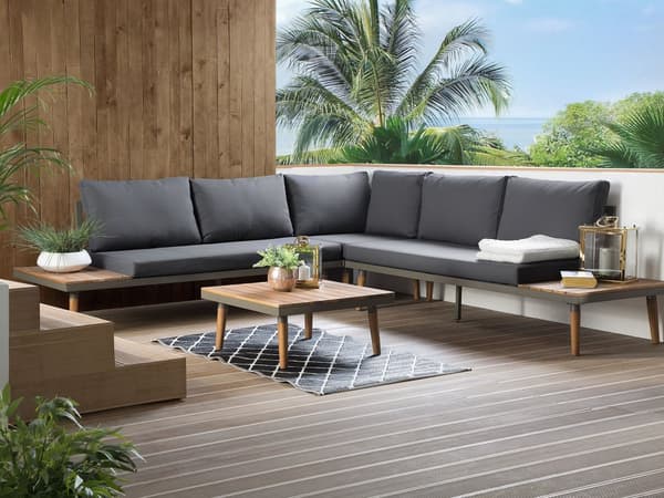 Loungesæt Grå og Mørkt Træ 5 Personers Hjørne Modulær Loungesofa og Sofabord til Terrasse Haven Indretning Tilbehør Minimalistisk