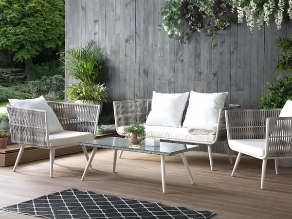 Havemøbelsæt Hvid Grå Rattan Stål 4 Personers Moderne Vedligeholdelsesfri Havemøbler Nonwood med Hynder Vandtæt Design Terrasse Have Tilbehør