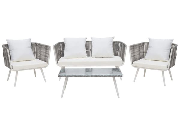 Havemøbelsæt Hvid Grå Rattan Stål 4 Personers Moderne Vedligeholdelsesfri Havemøbler Nonwood med Hynder Vandtæt Design Terrasse Have Tilbehør