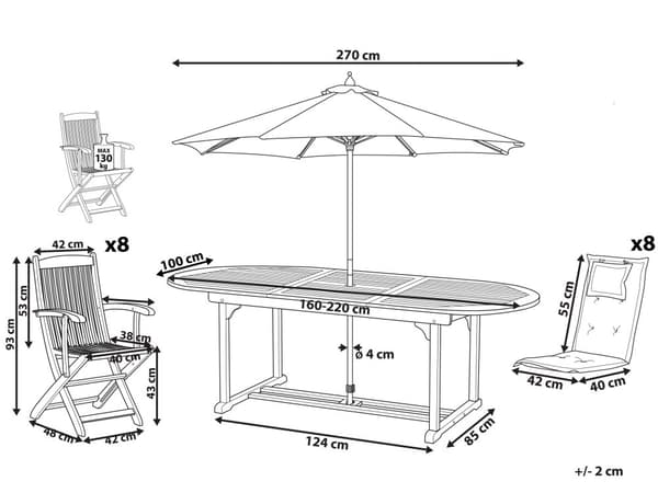 Havemøbelsæt Lyst Akacietræ 160/220 x 100 cm 8 Personers Udendørs Udtræksbord med Hul til Parasol Rustikt Design Klapstole Hynder Terrasse