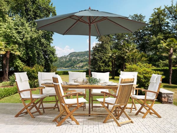 Havemøbelsæt Lyst Akacietræ 160/220 x 100 cm 8 Personers Udendørs Udtræksbord med Hul til Parasol Rustikt Design Klapstole Hynder Terrasse