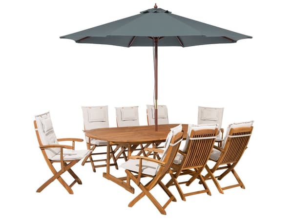 Havemøbelsæt Lyst Akacietræ 160/220 x 100 cm 8 Personers Udendørs Udtræksbord med Hul til Parasol Rustikt Design Klapstole Hynder Terrasse