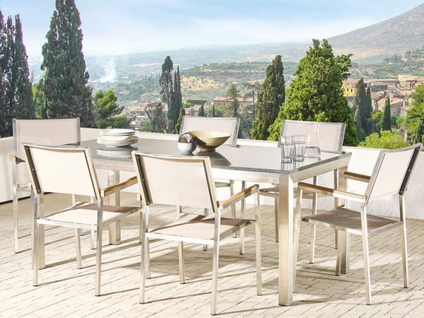 Have spisestuesæt Beige med grå granit bordplade rattan stole 6 sæder 180 x 90 cm