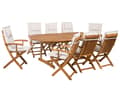 Miniatyrbillede 1 af 11: Havemøbelsæt Lyst Akacietræ 160/220 x 100 cm 8 Personers Udendørs Udtræksbord med Hul til Parasol Rustikt Design Klapstole Hynder Terrasse