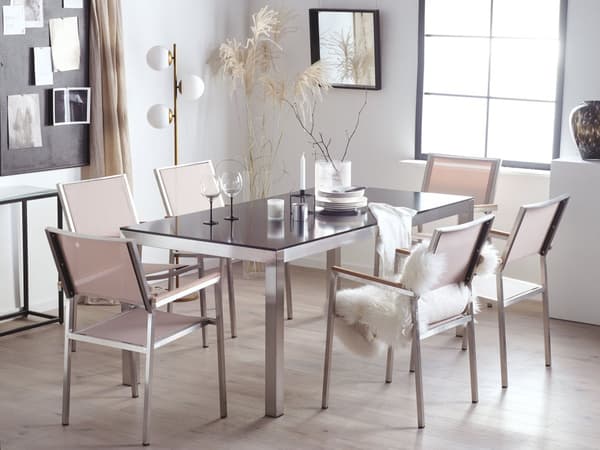 Havemøbelsæt hvid granit metal 180 cm havebord 6 stole Havebord havestol Industriel Moderne Design Sæt Udendørs Møbler granitlook sten