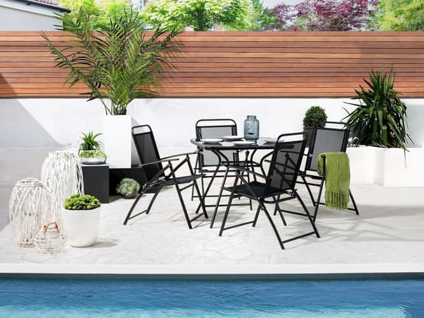 Udendørs Spisebordssæt Sort Stål 5 Stykker Bordklapstole 4 Personers Moderne Stil