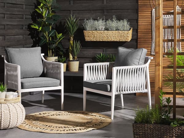 Havemøbelsæt Hvid Grå Aluminium og Polyester 2 Personers Loungesæt med Lænestole og Hynder Sofabord til Udendørs Terrasse Have Indretning