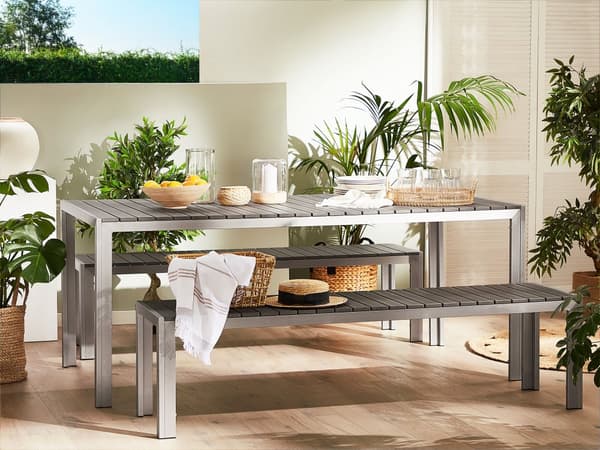 Havemøbler Grå Sølv Træplast Anodiseret Aluminium 6 Personers Rektangulær Nonwood Havebord Udendørs Bænke Terrasse Have Vedligeholdelsesfri
