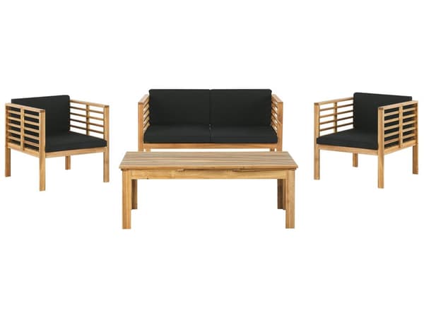 Havesæt Sofa i Lyst Akacietræ og Sorte Aftagelig Betræks Hynder med 2 Store Stole og 1 Sofabord med Modstandsdygtighed for Fugt og UV