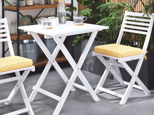 Cafesæt Hvid Akacietræ 60 x 60 x 75 cm Små Klapstole Sammenklappeligt Klapbord til Altan Terrasse Have med Hynder Fold ud Funktion Udendørs