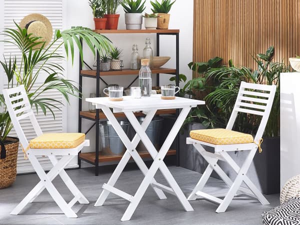 Cafesæt Hvid Akacietræ 60 x 60 x 75 cm Små Klapstole Sammenklappeligt Klapbord til Altan Terrasse Have med Hynder Fold ud Funktion Udendørs