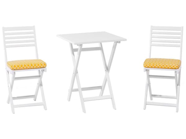 Cafesæt Hvid Akacietræ 60 x 60 x 75 cm Små Klapstole Sammenklappeligt Klapbord til Altan Terrasse Have med Hynder Fold ud Funktion Udendørs