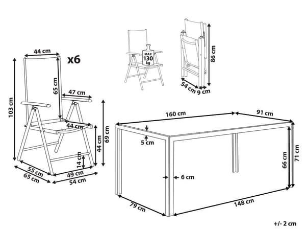 Havemøbelsæt Sort Polyester Grå Aluminium og Glas 160 x 91 x 71 cm 6 Personers Havebord med Klapstole Justerbar Foldbare Udendørs Indretning