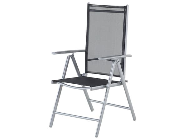 Havemøbelsæt Sort Polyester Grå Aluminium og Glas 160 x 91 x 71 cm 6 Personers Havebord med Klapstole Justerbar Foldbare Udendørs Indretning