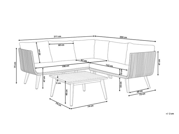Havesofa Grå Polyester Lyst Akacietræ 5 Personers 211 x 200 x 74 cm Sæt Vinkelform Hjørnesofa Lounge Havebord Reb Design Indendørs Udendørs