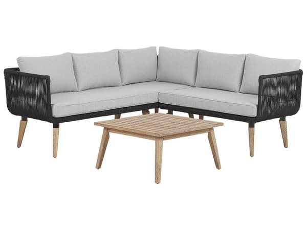 Havesofa Grå Polyester Lyst Akacietræ 5 Personers 211 x 200 x 74 cm Sæt Vinkelform Hjørnesofa Lounge Havebord Reb Design Indendørs Udendørs