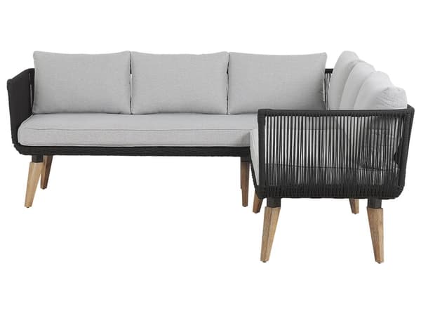 Havesofa Grå Polyester Lyst Akacietræ 5 Personers 211 x 200 x 74 cm Sæt Vinkelform Hjørnesofa Lounge Havebord Reb Design Indendørs Udendørs