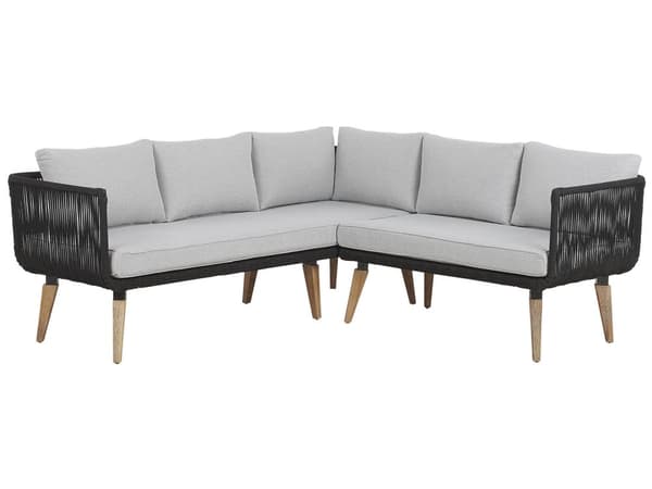 Havesofa Grå Polyester Lyst Akacietræ 5 Personers 211 x 200 x 74 cm Sæt Vinkelform Hjørnesofa Lounge Havebord Reb Design Indendørs Udendørs