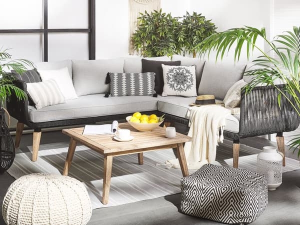 Havesofa Grå Polyester Lyst Akacietræ 5 Personers 211 x 200 x 74 cm Sæt Vinkelform Hjørnesofa Lounge Havebord Reb Design Indendørs Udendørs