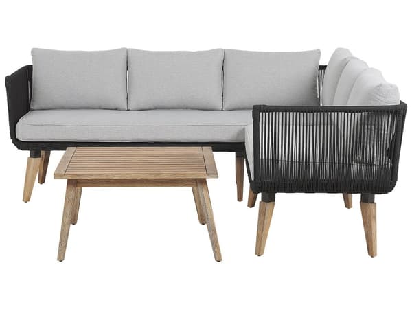 Havesofa Grå Polyester Lyst Akacietræ 5 Personers 211 x 200 x 74 cm Sæt Vinkelform Hjørnesofa Lounge Havebord Reb Design Indendørs Udendørs