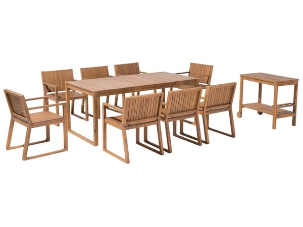 Trädgårdsmöbelset 10 Delar Ljus Akaciaträ 8 Stolar Matbord Serveringsvagn