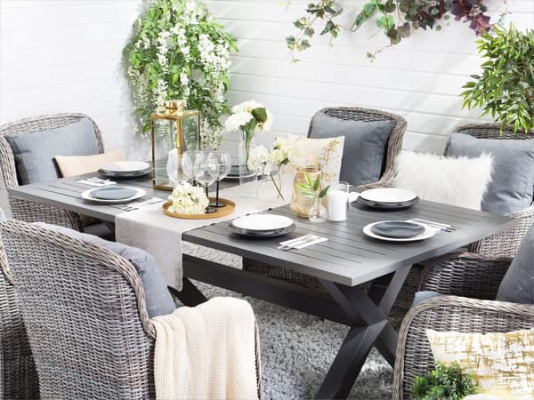 Have Spisestuesæt Grå PE Rattan 6 Personers Bord og 6 Stole med Grå Hynder Moderne Stil