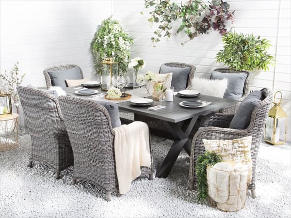 Have Spisestuesæt Grå PE Rattan 6 Personers Bord og 6 Stole med Grå Hynder Moderne Stil