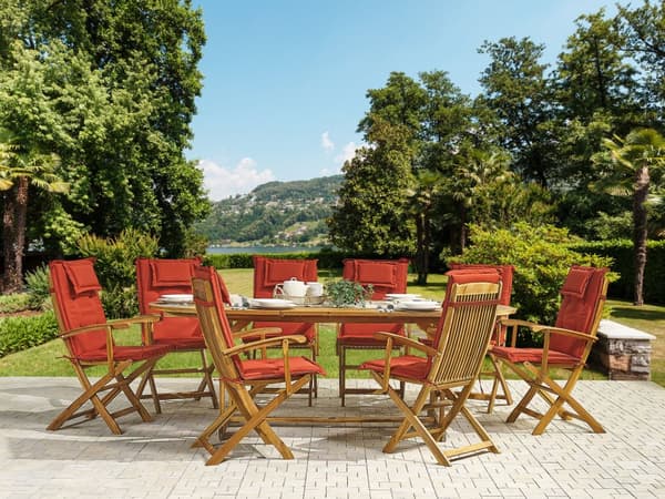 Havemøbelsæt Lyst Akacietræ 160/220 x 100 cm 8 Personers Udendørs Udtræksbord med Hul til Parasol Rustikt Design Klapstole Hynder Terrasse